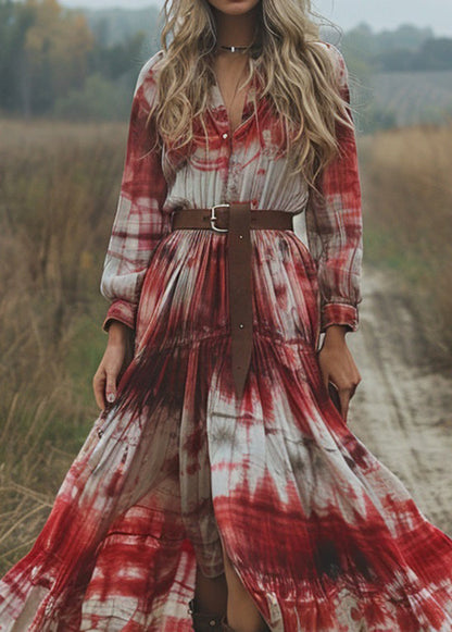 V Neck Tie Dye Cotton Pastoral Style Long Dress