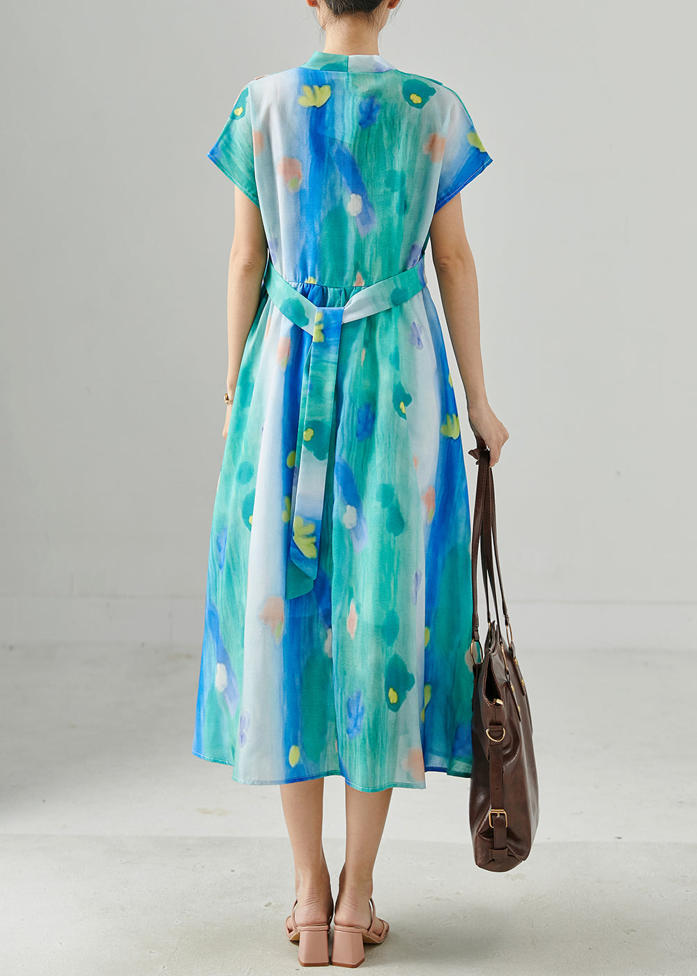 Blue Cinched Tie Dye Chiffon Dress Summer