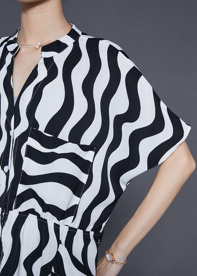Black V Neck Striped Chiffon Dress Summer