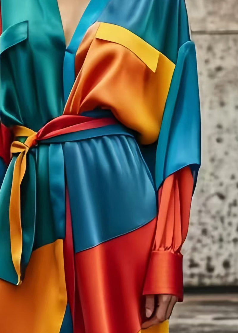 Colorblock Asymmetrical Patchwork Tie Waist Silk Dress Spring