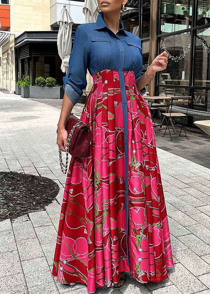 Blue Denim Patchwork Print Wrinkled Dress Autumn