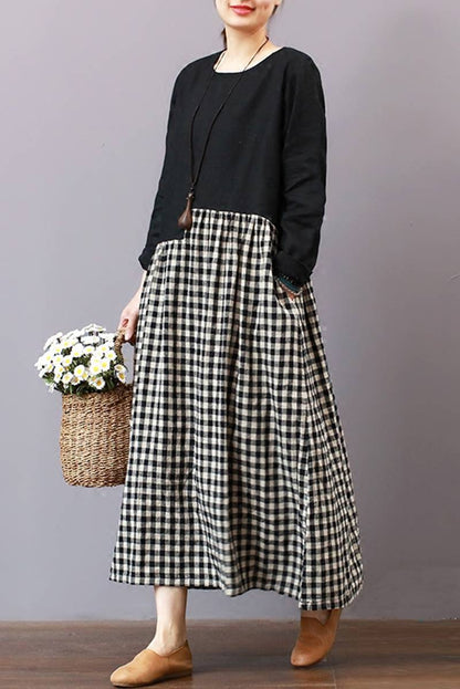 Loose Plaid Dress, Linen Literary Maxi Dress for Spring