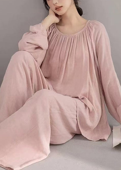 Loose Pink Wrinkled Cotton Pajamas Two-piece Set Fall