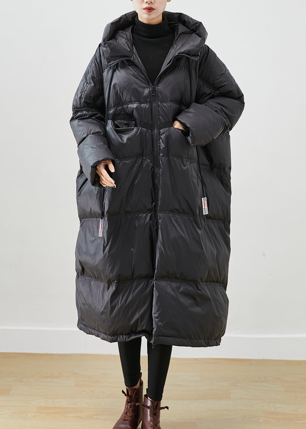 French Black Oversized Drawstring Duck Down Jacket in Winter