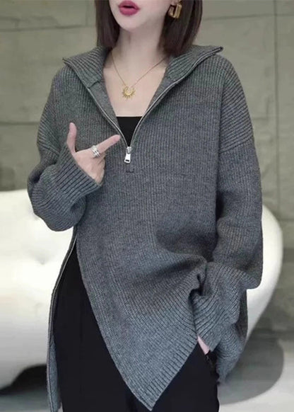 Grey Zip Up Asymmetrical Loose Knit Sweaters Spring