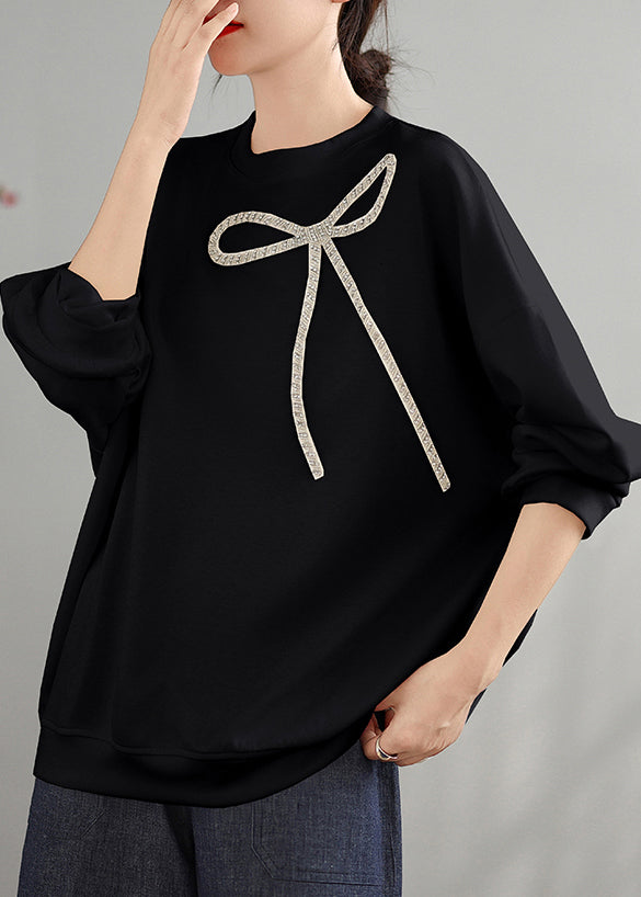 Black O Neck Bow Cotton Pullover Top Spring