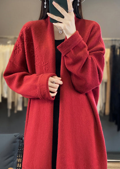Loose Red V Neck Embroideried Cashmere Cardigan Top Fall