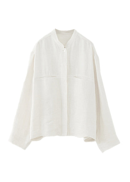 White Stand Collar Pockets Linen Shirts Spring