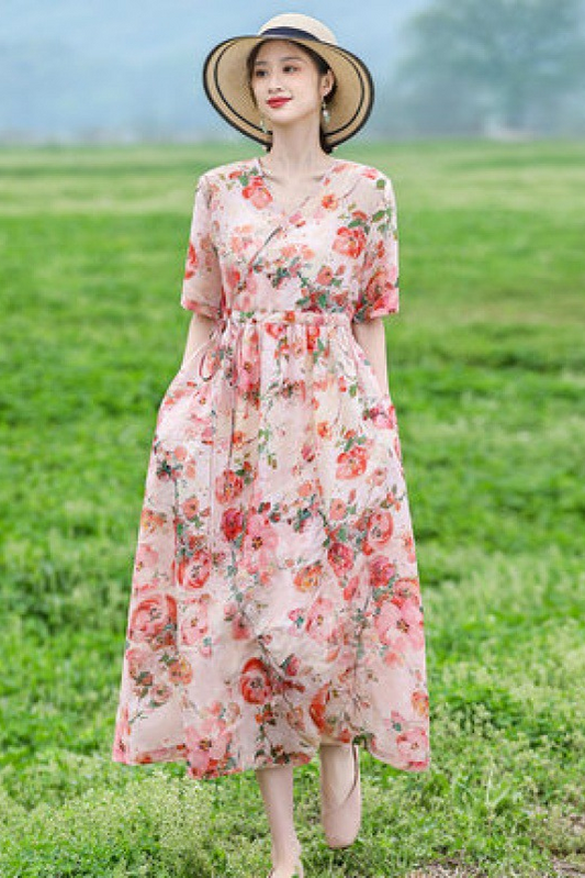 -summer Loose Ramie Maxi Dress Printed Short Sleeve Dress
