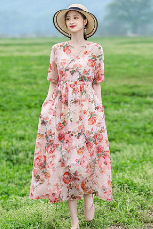 -summer Loose Ramie Maxi Dress Printed Short Sleeve Dress