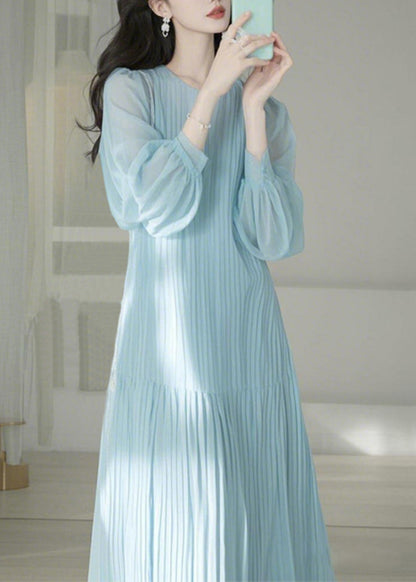 Light Blue O-neck Cinched Maxi Dresses Spring