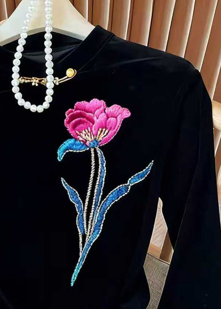 Black Embroidered Silk Velour Blouses Flare Sleeve