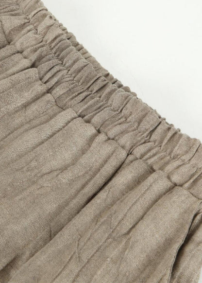 Khaki Elastic Waist Patchwork Linen Skirts Fall