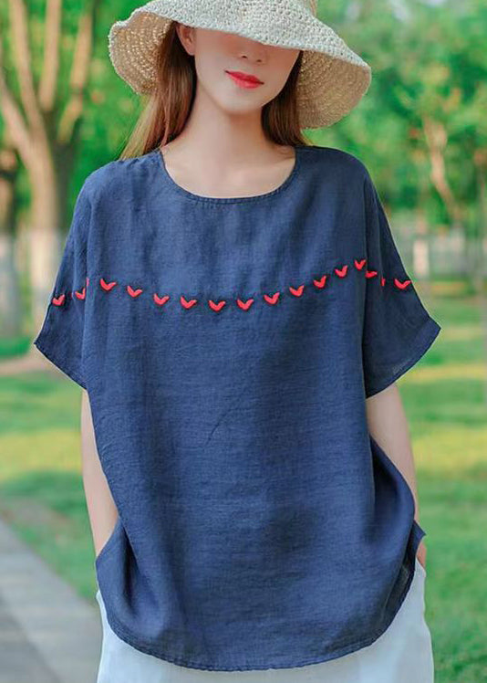 Navy O-neck Embroidered Cotton Tank Tops Short Sleeve