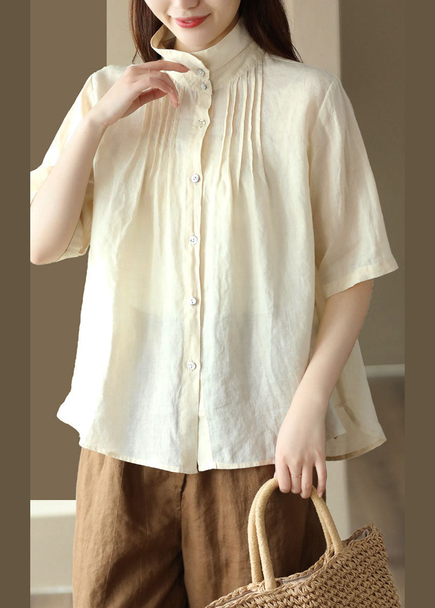 Beige Patchwork Linen Shirt Tops Wrinkled Button Half Sleeve
