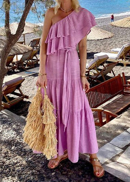Pink Slash Neck Ruffled Lace Up Cotton Dress Summer