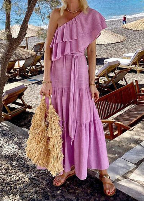 Pink Slash Neck Ruffled Lace Up Cotton Dress Summer