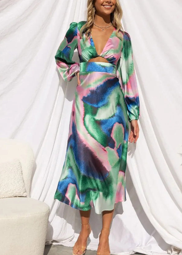 French Yellow V Neck Hollow Out Tie Dye Silk Long Dress Spring