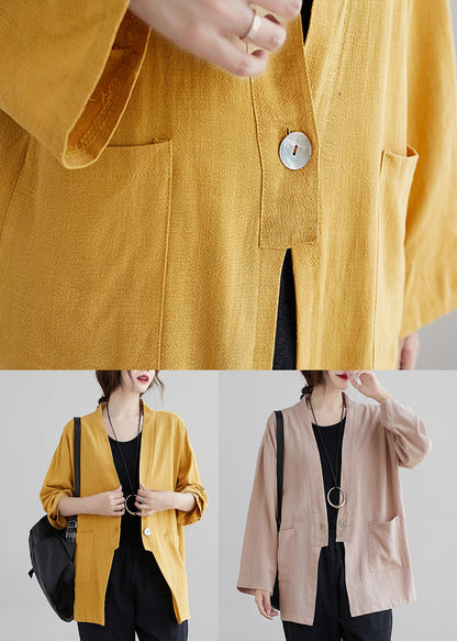 Yellow V Neck Pockets Patchwork Cotton Cardigan Fall