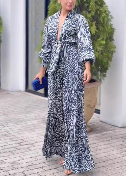 V Neck Print Wide Leg Jumpsuit Spring