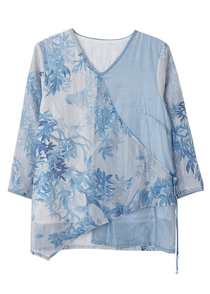 Blue Asymmetrical Print Tie Waist Chiffon Top Bracelet Sleeve