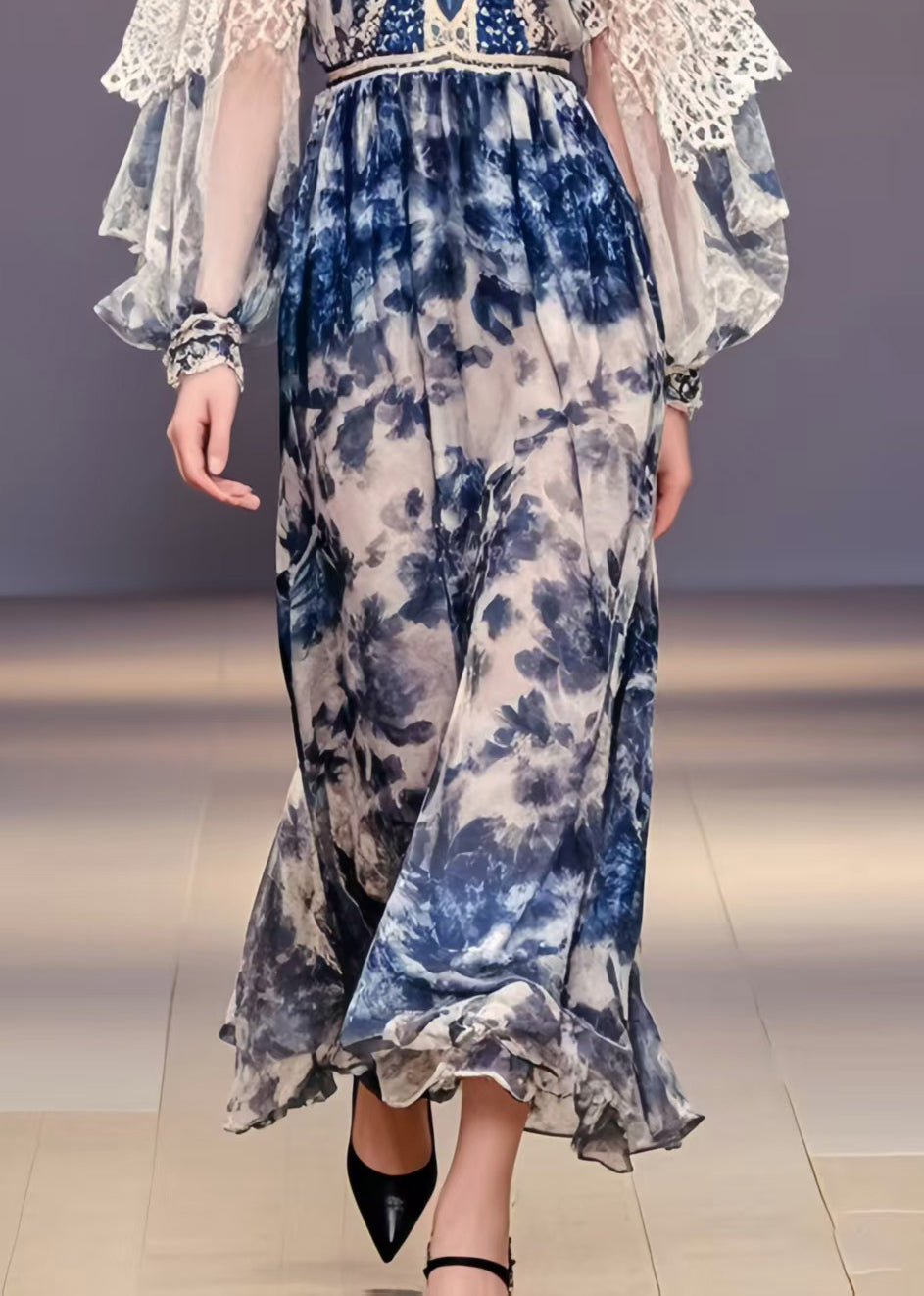 Navy Print Chiffon Party Dress Lantern Sleeve