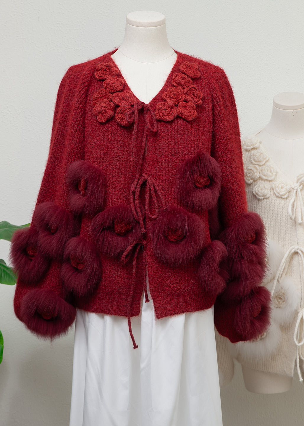 Beige Lace Up Fox Fur Patchwork Knit Coats Winter