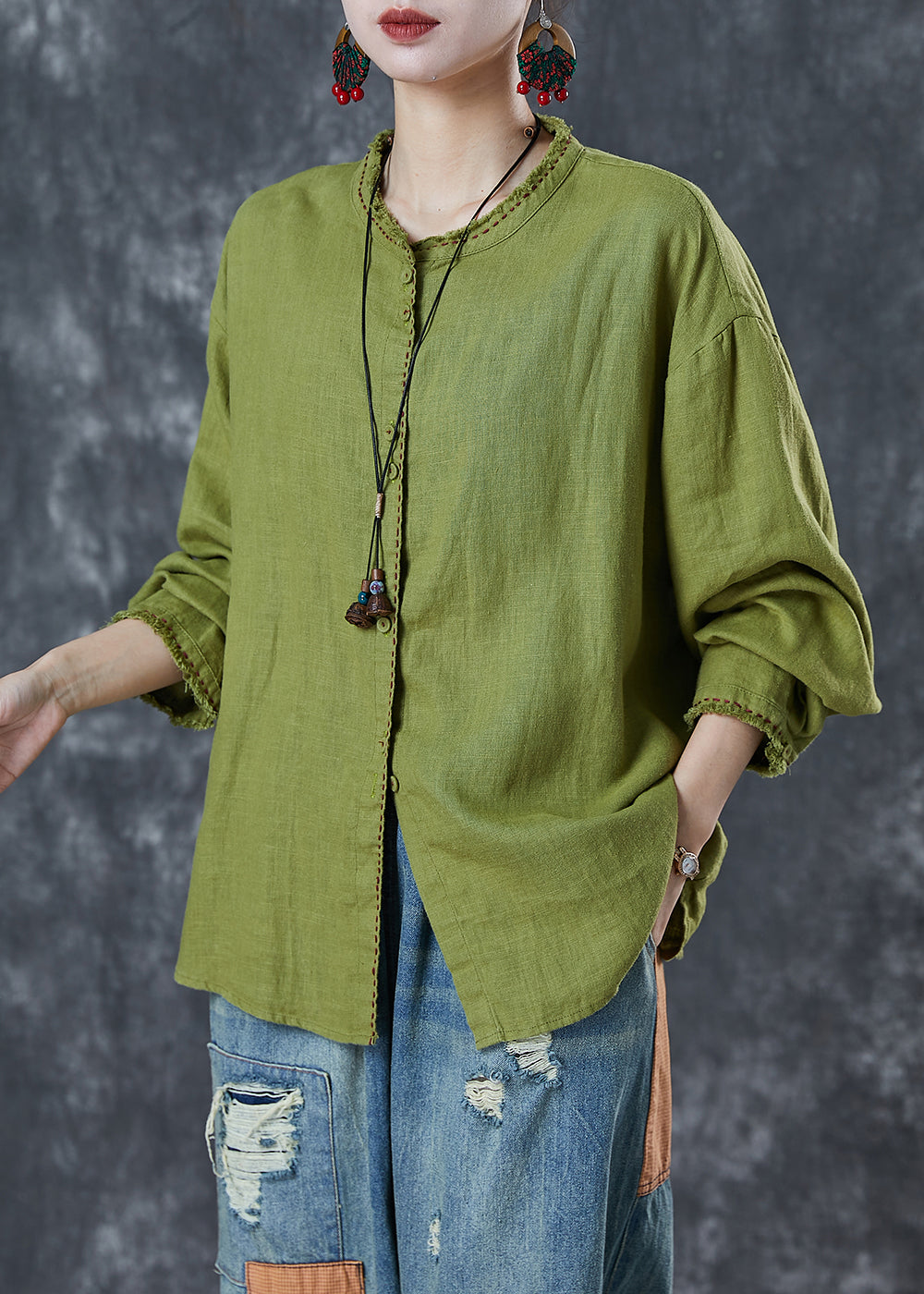 Grass Green Embroidered Linen Blouses Spring