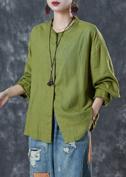 Grass Green Embroidered Linen Blouses Spring
