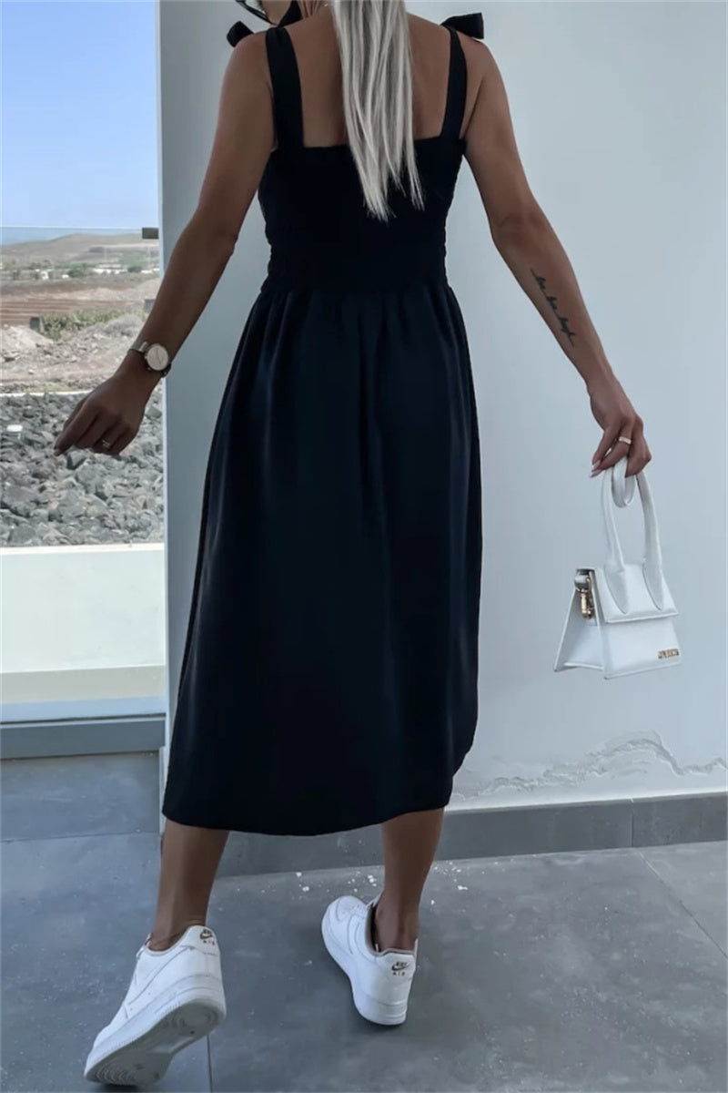 Color Print Backless Slit Belted Spaghetti Strap Sleeveless Dresses(7 Colors)