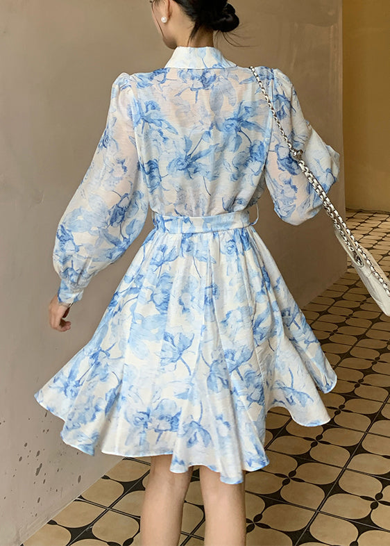 Blue Peter Pan Collar Print Tie Waist Cotton Blouses Dress Fall
