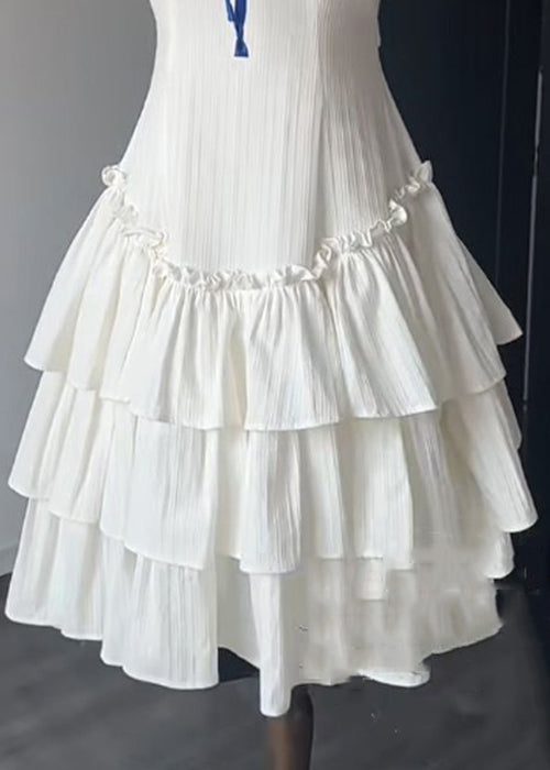 French White Ruffled Lace Up Cotton Dress Sleeveless