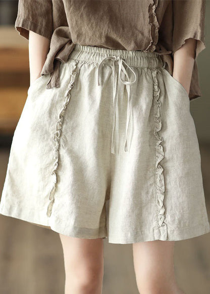 Diy Green Pockets Ruffled Patchwork Linen Hot Pants Summer
