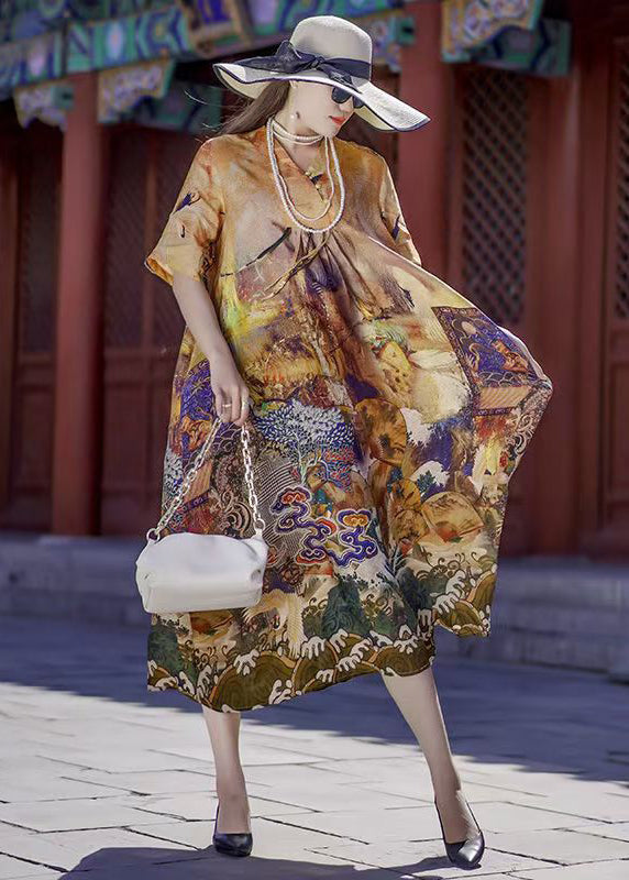 Khaki Oversized Print Silk Holiday Dress Summer
