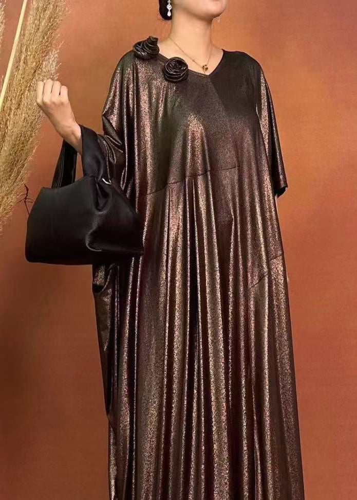 Loose Brown O-neck Patchwork Silk Maxi Dresses Spring