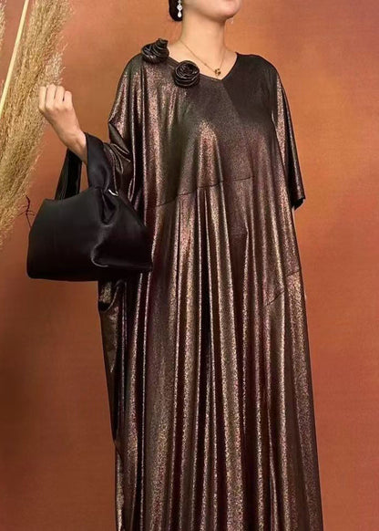 Loose Brown O-neck Patchwork Silk Maxi Dresses Spring