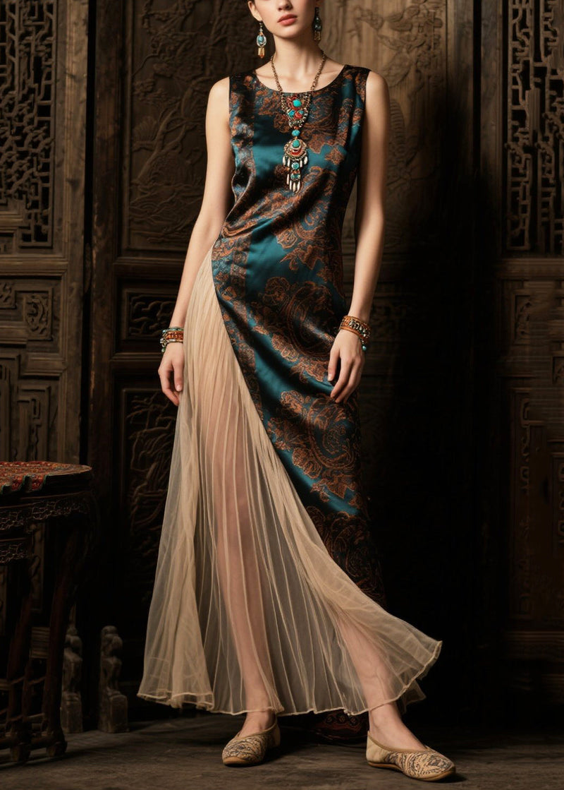 Tea Green Asymmetrical Patchwork Tulle Silk Vacation Dresses Summer