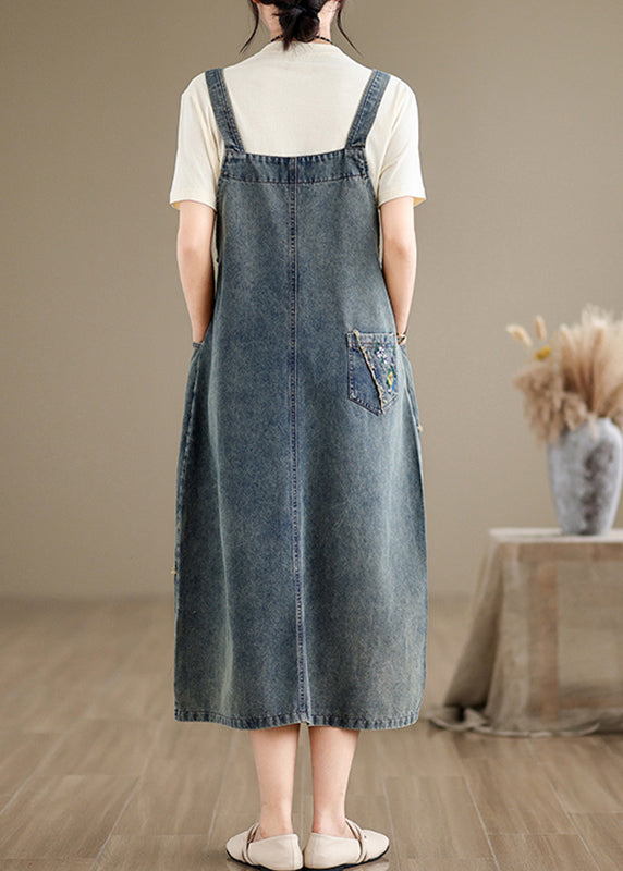 Denim Grey Embroidered Patchwork Spaghetti Strap Dress Sleeveless