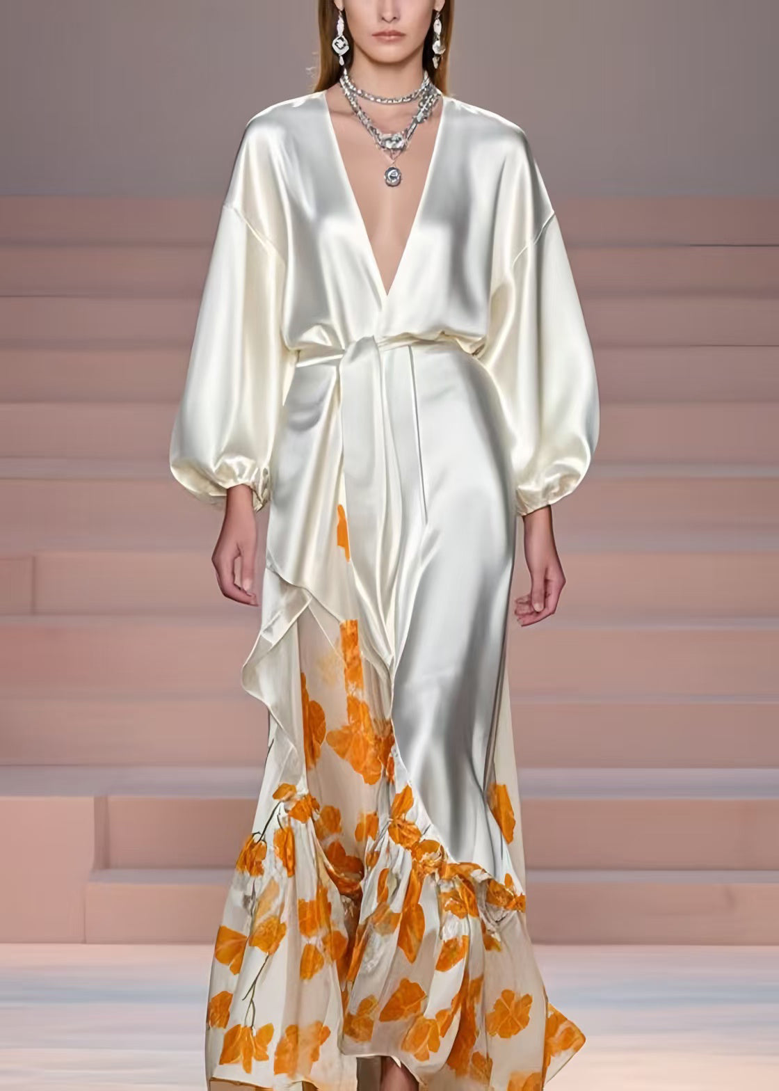 Milk White V Neck Print Silk Vacation Dresses Spring