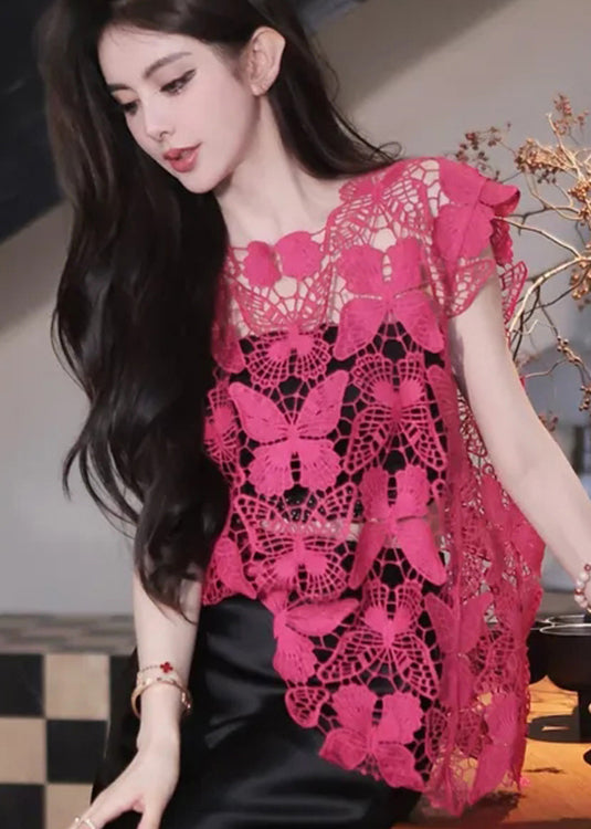 Rose Butterfly Hook Flower Hollow Lace Top Summer