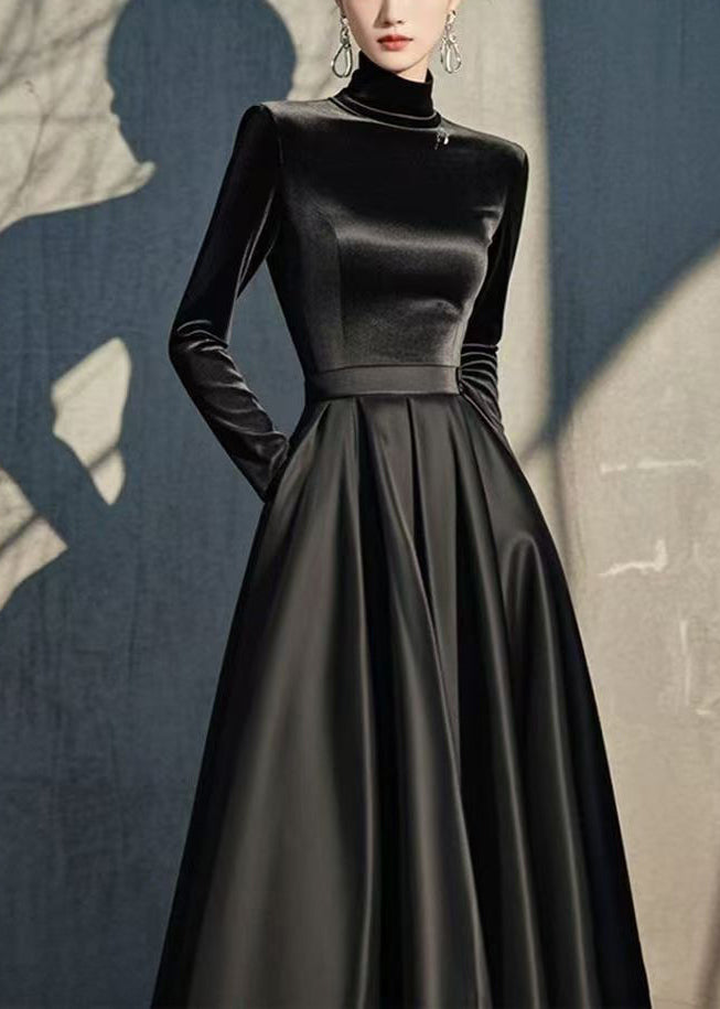 Slim Fit Navy Turtleneck High Waist Silk Velvet Dresses Spring