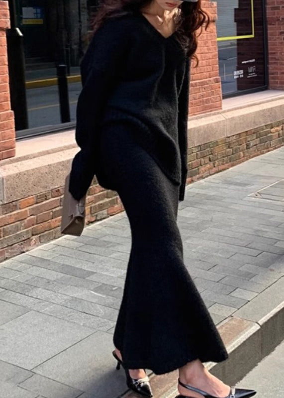 Brown Cozy Cotton Knit Sweaters and Maxi Skirts Two Pieces Set Winter