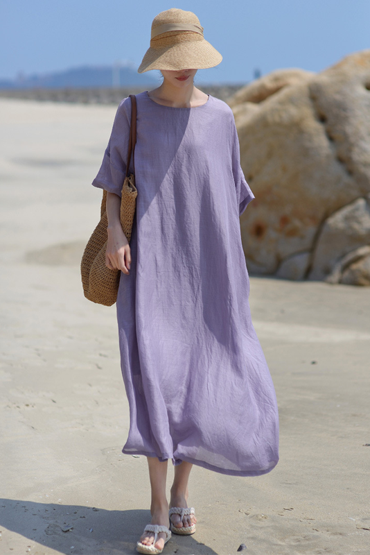 Summer Simple Short Sleeve Dress Loose Ramie Robe