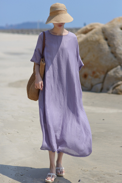 Summer Simple Short Sleeve Dress Loose Ramie Robe