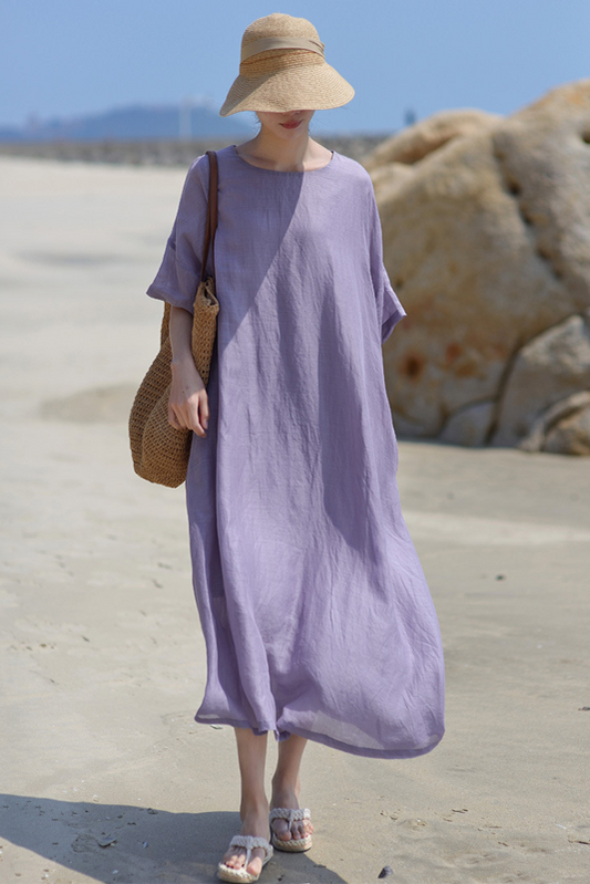 Summer Simple Short Sleeve Dress Loose Ramie Robe