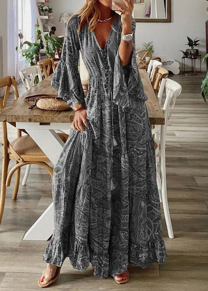 Green V Neck Print Cotton Maxi Dresses Flare Sleeve