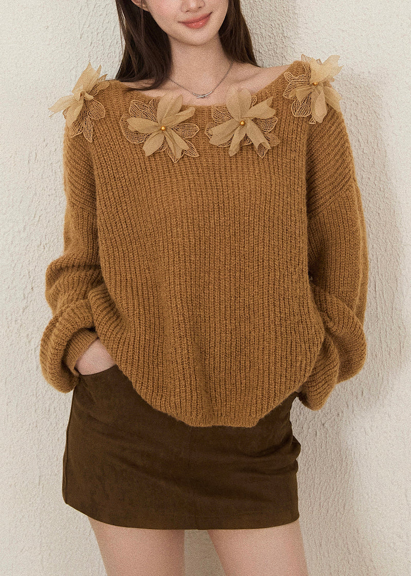 Brown Cold Shoulder Decorated Knit Shirts Fall