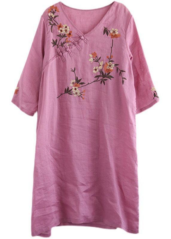 Black V Neck Embroidered Button Three Quarter Sleeve Fall Dresses
