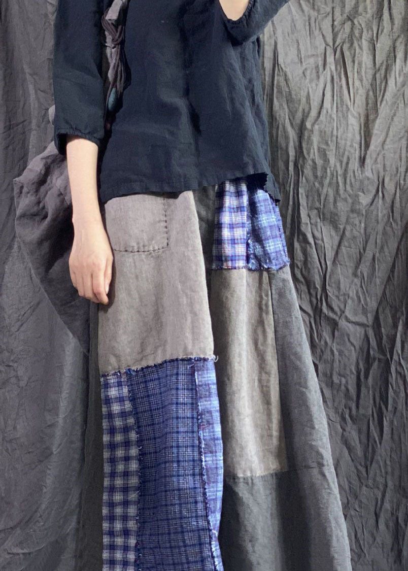 Colorblock Wrinkled Pockets Patchwork Linen Skirts Spring