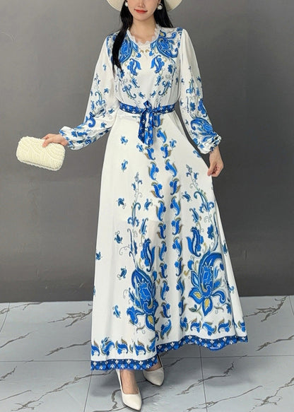White Print Lace Up Cotton Long Dress Fall
